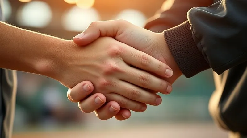 photorealistic, professional photography, 8K, cinematic lighting, sharp focus, depth of field, shot on a high-end DSLR. A close-up shot of two hands, one of an athlete and one of a coach or medical professional, clasped together in a gesture of support and reassurance. The background is softly blurred, hinting at a sports environment. The lighting is warm and empathetic, conveying comfort and trust after a difficult event.