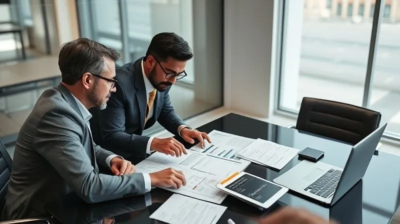 A photorealistic, professional photography image of a diverse group of three professionals (a business owner, a tax attorney, and a CPA) in a modern conference room, intently reviewing financial documents spread across a table. They are engaged in serious discussion, with one person pointing to a document. The atmosphere is collaborative and focused, conveying expertise and strategy. 8K hyper-detailed, cinematic lighting, sharp focus on the documents and faces, depth of field blurring the background, shot on a high-end DSLR.