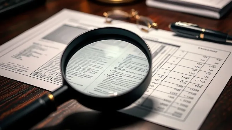 A photorealistic close-up of a magnifying glass examining a complex financial document with highlighted inconsistencies, set on a dark wooden desk. Professional photography, 8K, cinematic lighting, sharp focus, depth of field, shot on a high-end DSLR.