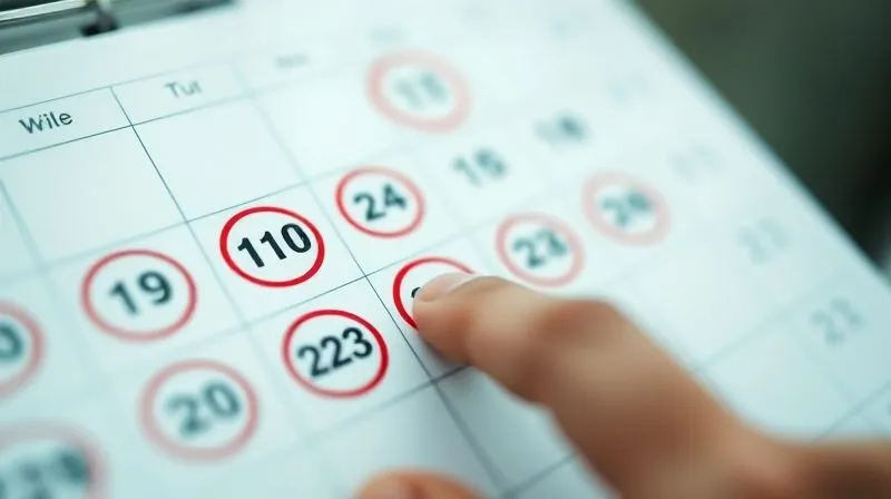 A close-up of a calendar with multiple red circles around missed dates, and a blurry hand pointing to one, symbolizing missed deadlines in a contract. Photorealistic, professional photography, 8K, cinematic lighting, sharp focus, depth of field.