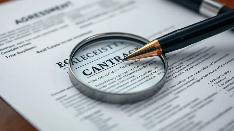 A magnifying glass hovering over a detailed real estate contract, highlighting fine print and complex clauses, with a pen poised to underline. The focus is on meticulous review and robust agreement drafting. Photorealistic, professional photography, 8K, cinematic lighting, sharp focus, depth of field.