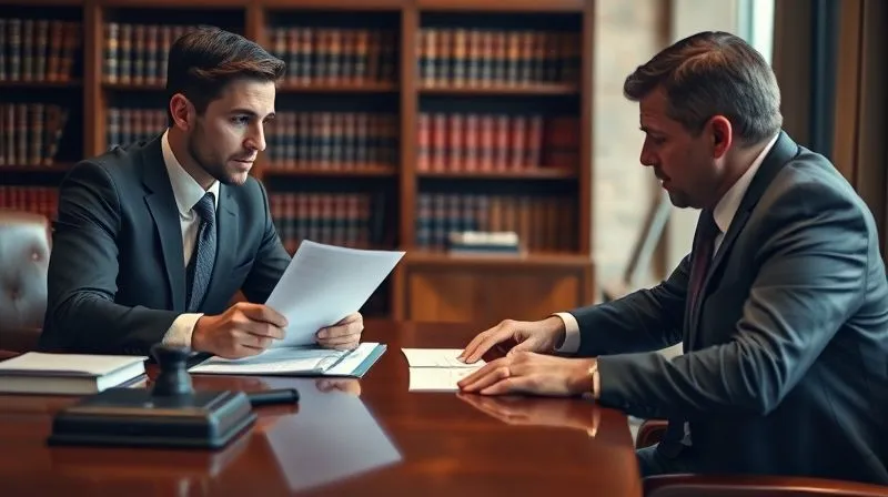 A professional legal setting with a well-dressed attorney and a client discussing documents at a polished wooden desk, legal books subtly blurred in the background. The atmosphere is one of trust and expert guidance. Photorealistic, professional photography, 8K, cinematic lighting, sharp focus, depth of field.