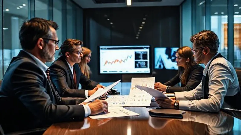 Photorealistic, professional photography, 8K, cinematic lighting, sharp focus on a diverse group of legal and financial experts in a modern conference room, intensely reviewing documents and digital screens. One person points at a complex financial chart, while another takes notes. The atmosphere is serious and focused, conveying collaboration and expertise, depth of field blurring the background, shot on a high-end DSLR.