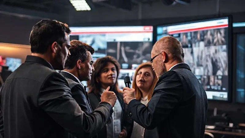 Photorealistic, professional photography, 8K, cinematic lighting, sharp focus on a diverse and serious corporate crisis communications team, huddled around a large screen displaying news headlines and social media feeds. They are intently strategizing, with one person holding a microphone, symbolizing controlled messaging. The background shows a dimly lit newsroom setting, depth of field blurring the background, shot on a high-end DSLR.