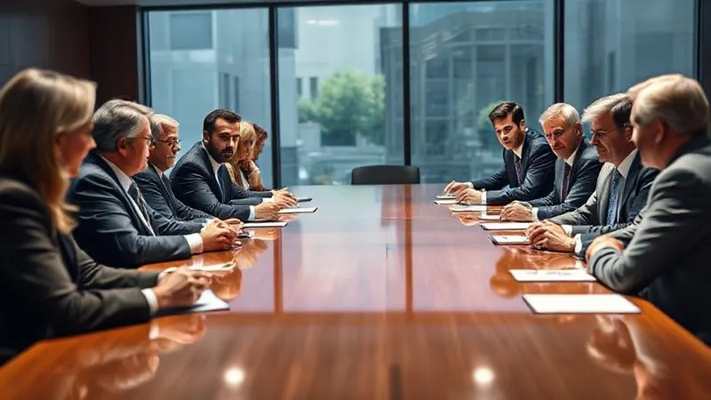 Photorealistic, professional photography, 8K, cinematic lighting, sharp focus on a diverse and resolute board of directors, seated around a polished conference table, engaged in serious discussion. The image conveys strength, unity, and ethical leadership, with a sense of purpose and commitment to governance. Light streaming through large windows illuminates their faces, depth of field blurring the background, shot on a high-end DSLR.