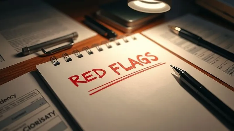 A photorealistic image of a legal notepad with 'RED FLAGS' written in bold, surrounded by various subtle legal documents and a pen, illuminated by a spotlight, creating a sense of urgency and careful scrutiny. 8K, cinematic lighting, sharp focus on the notepad, depth of field blurring the desk, shot on a high-end DSLR.