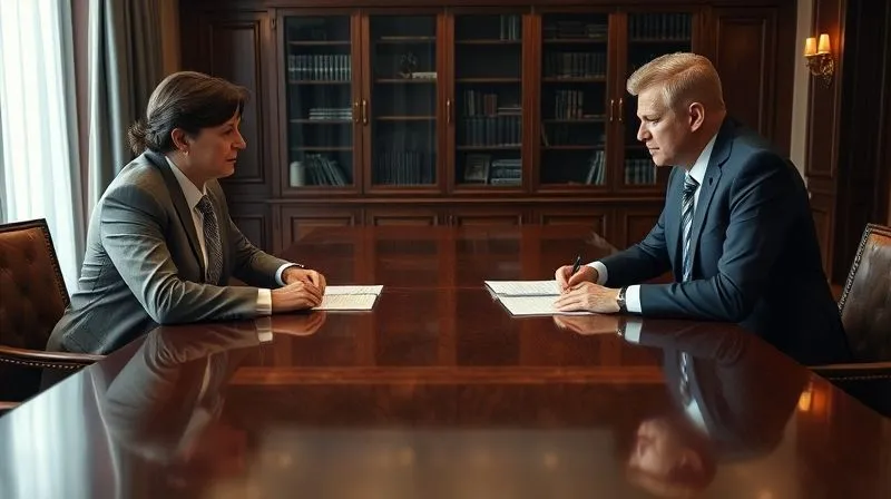 A photorealistic image of two legal professionals, one attorney and one client, sitting across a large, polished wooden table in a law office. The attorney has a serious but empathetic expression, with documents spread before them. The client looks concerned. The lighting is somber, highlighting the seriousness of the conversation. 8K, cinematic lighting, sharp focus on the faces, depth of field blurring the background, shot on a high-end DSLR.