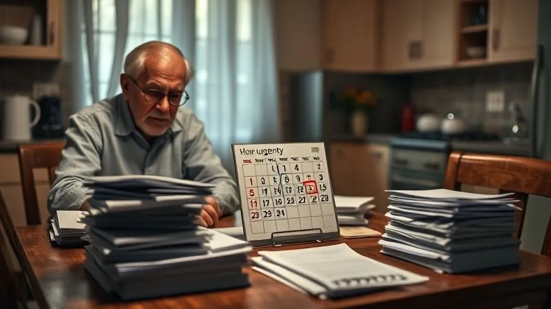 A photorealistic, professional photography, 8K, cinematic lighting, sharp focus, depth of field, shot on a high-end DSLR image of a distressed elderly couple sitting at a kitchen table, surrounded by stacks of bills and legal documents, with a calendar marked urgently. The lighting is somber, highlighting their worry and the immediate need for a solution.