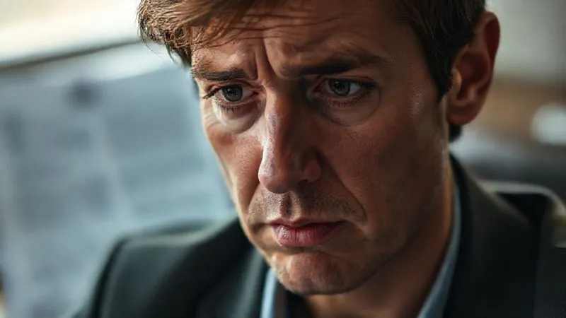 Photorealistic, professional photography, 8K, cinematic lighting, sharp focus, depth of field, shot on a high-end DSLR. A person's face in soft focus, expressing deep contemplation or slight frustration, with legal documents subtly blurred in the background. The lighting should emphasize the emotional depth of decision-making.