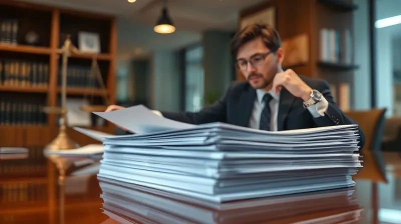 A photorealistic, professional photography shot of a serious but empathetic lawyer reviewing documents with a client across a polished desk in a modern law office, focusing on a stack of neatly organized papers. Cinematic lighting, sharp focus on the documents and the lawyer's attentive expression, depth of field blurring the background, 8K hyper-detailed.