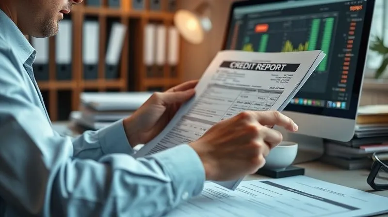 A photorealistic image of a person meticulously reviewing a complex credit report document, surrounded by organized files and a computer screen showing financial data. The scene conveys diligence and focused determination, with soft, professional lighting, sharp focus on the person and documents, depth of field blurring the background, 8K hyper-detailed.