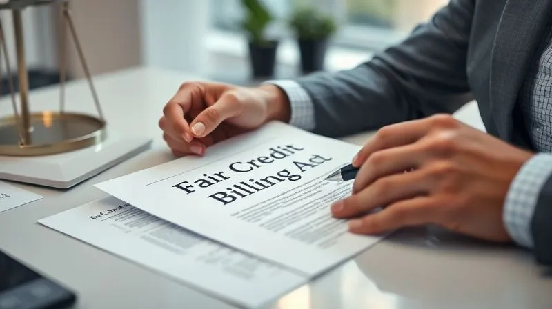 A photorealistic image of a legal document titled "Fair Credit Billing Act" being reviewed by a focused individual. The setting is a clean, modern office desk with a pen and glasses, emphasizing clarity and legal scrutiny. Professional photography, 8K, cinematic lighting, sharp focus, depth of field, shot on a high-end DSLR.