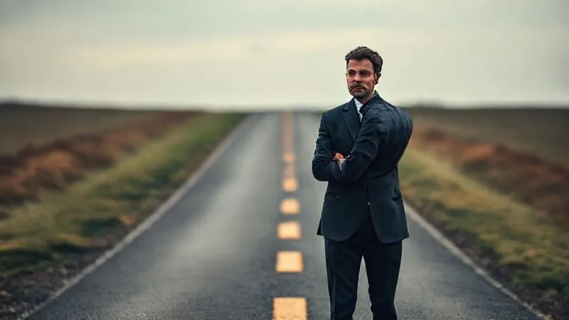 Photorealistic, professional photography, 8K, cinematic lighting, sharp focus, depth of field, shot on a high-end DSLR, a lawyer standing at a crossroads, one path clearly labeled 'Zealous Advocacy' and the other 'Officer of the Court', with a conflicted and thoughtful expression, the paths stretching into a subtly blurred background, conveying a difficult ethical choice.
