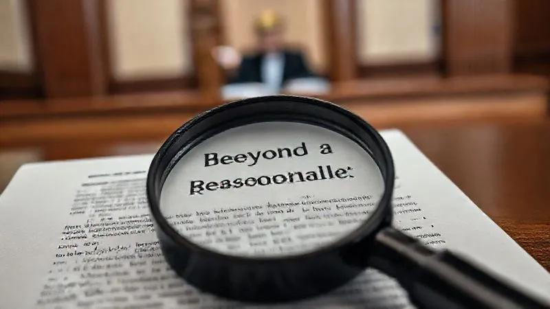 Photorealistic, professional photography, 8K, cinematic lighting, sharp focus, depth of field, shot on a high-end DSLR, a legal document with a magnifying glass over a specific paragraph, highlighting the phrase 'Beyond a Reasonable Doubt' in a courtroom setting, with a subtle, blurred image of a judge in the background, conveying scrutiny and the burden of proof.