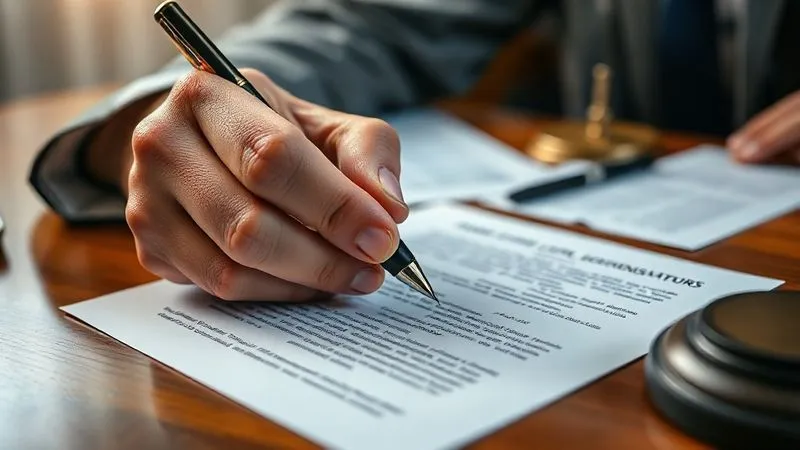 Photorealistic, professional photography, 8K, cinematic lighting, sharp focus, depth of field, shot on a high-end DSLR, a close-up of a lawyer's hand, holding a pen, poised over legal documents spread across a polished wooden desk, with a focus on a signature line, conveying meticulous decision-making, responsibility, and the weight of legal choices in a professional setting.