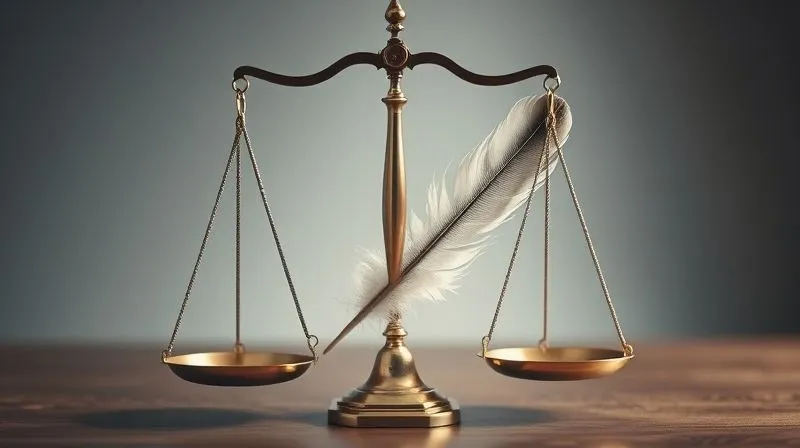A photorealistic image of a legal scale, perfectly balanced but with a single, heavy feather on one side, symbolizing the delicate balance of ethical dilemmas, cinematic lighting, sharp focus, depth of field, 8K hyper-detailed.