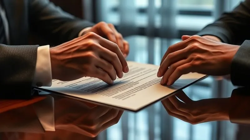 A photorealistic close-up of two hands, one a lawyer's, one a client's, clasped firmly over a legal document on a polished table, conveying trust and serious discussion in a somber, private setting, cinematic lighting, sharp focus, depth of field, 8K hyper-detailed.
