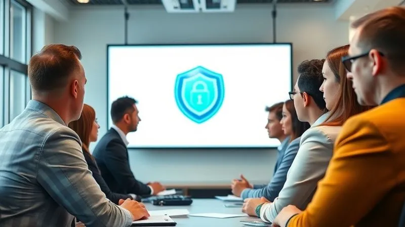 A photorealistic diverse group of professionals in a modern office setting, engaged in a training session on data privacy, looking attentive and serious. A large screen displays a data protection icon. Professional photography, 8K, cinematic lighting, sharp focus on the faces, depth of field blurring the background, shot on a high-end DSLR.