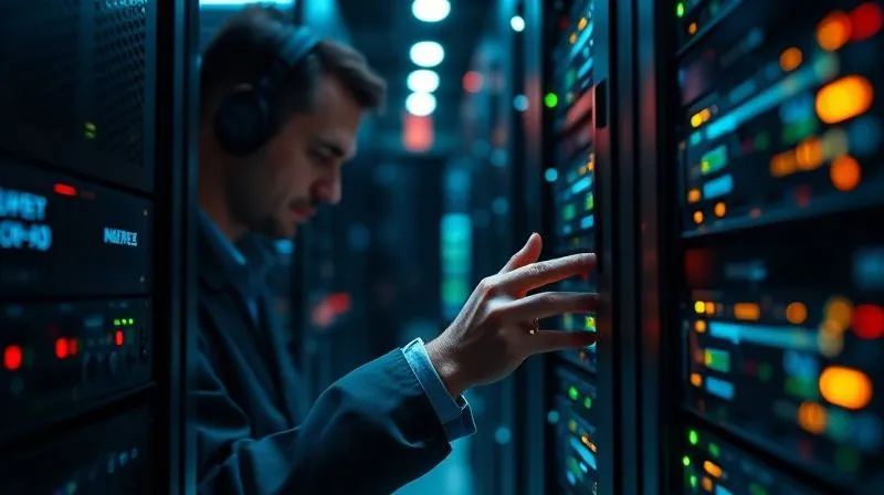 A photorealistic, professional photography, 8K image of a digital forensics expert meticulously examining a server rack with glowing data streams, cinematic lighting, sharp focus on the expert's hands and the server, depth of field blurring the background. Shot on a high-end DSLR.