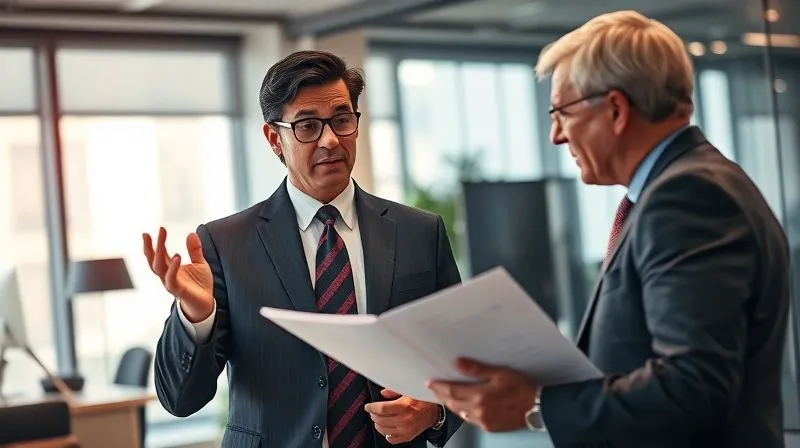 photorealistic, professional photography, 8K, cinematic lighting, sharp focus, depth of field, shot on a high-end DSLR, a distinguished patent attorney in a modern office, gesturing confidently while explaining a complex legal document to a concerned client, warm, reassuring light, focused on the interaction.
