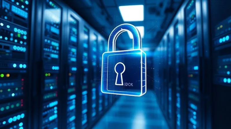 photorealistic, professional photography, 8K, cinematic lighting, sharp focus, depth of field, shot on a high-end DSLR, a modern, secure server room with glowing blue lights, intricate wiring, and a digital padlock icon superimposed, representing robust digital IP protection, a sense of order and security.