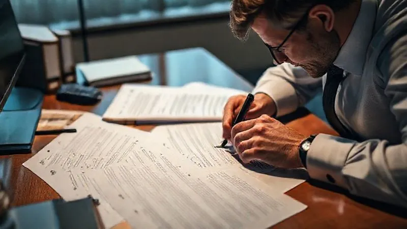 A photorealistic image of a person meticulously reviewing official documents spread out on a desk, perhaps with a magnifying glass or highlighter, showing intense focus and determination. The setting is a quiet, professional office with soft, cinematic lighting, sharp focus on the documents, and a shallow depth of field, 8K hyper-detailed, shot on a high-end DSLR.