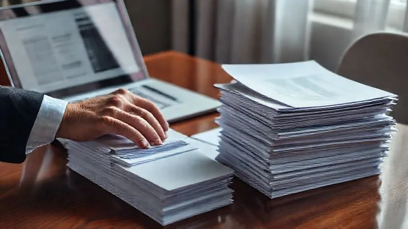 A photorealistic image of a legal professional's hands meticulously organizing stacks of legal files and documents on a polished wooden desk. A laptop is open in the background, displaying immigration forms or legal research. The scene conveys intense focus and precision, with cinematic lighting highlighting the textures of paper and wood, 8K hyper-detailed, sharp focus, depth of field, shot on a high-end DSLR.