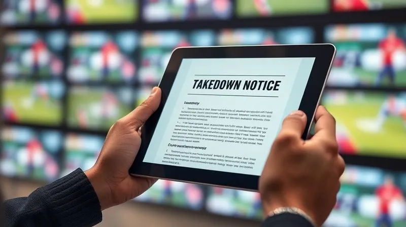 Photorealistic, professional photography, 8K, cinematic lighting, sharp focus, depth of field, shot on a high-end DSLR, a hand holding a tablet displaying a legal document with a 'Takedown Notice' header, with a blurred background showing multiple small screens displaying sports broadcasts, emphasizing quick digital action.