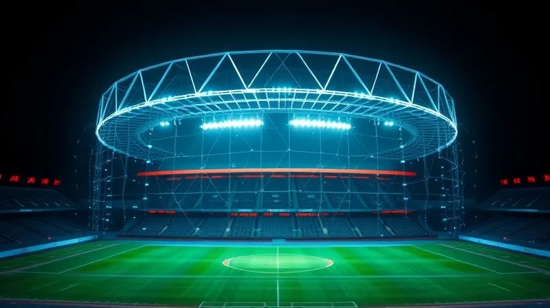 Photorealistic, professional photography, 8K, cinematic lighting, sharp focus, depth of field, shot on a high-end DSLR, a complex network of digital security layers surrounding a sports stadium icon, with glowing lines representing data flow and protection, against a dark, futuristic background, symbolizing advanced DRM.