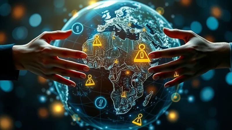Photorealistic, professional photography, 8K, cinematic lighting, sharp focus, depth of field, shot on a high-end DSLR, a globe overlaid with digital networks and glowing legal symbols, with hands reaching across borders to connect, symbolizing international legal cooperation against digital piracy, dynamic and interconnected.
