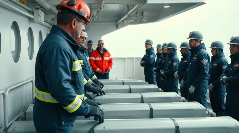 Photorealistic, professional photography, 8K, cinematic lighting, sharp focus, depth of field. A group of diverse maritime crew members in uniform, actively participating in a simulated oil spill response drill on a ship's deck. They are attentively listening to an instructor and practicing deploying spill containment equipment. The scene conveys professionalism and hands-on learning.