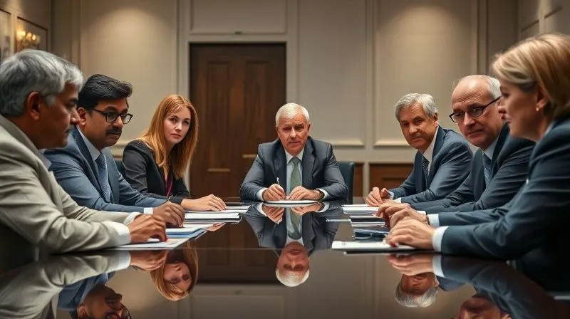 A photorealistic, professional photography image of a group of diverse diplomats in a formal conference room, engaged in a serious, focused discussion around a polished table. Subtle dramatic lighting highlights their expressions of concern and determination. Sharp focus on the faces, with a shallow depth of field blurring the background. 8K hyper-detailed, shot on a high-end DSLR.