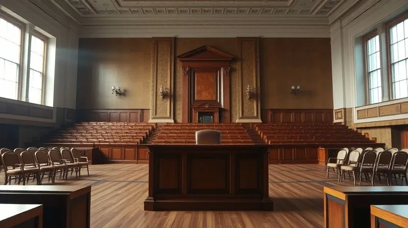 A photorealistic, professional photography image of a solemn, empty international courtroom, with the judge's bench prominently in the foreground. Soft, dramatic cinematic lighting streams through large windows, creating a sense of quiet gravity and the weight of justice. Sharp focus on the details of the judge's bench and the empty chairs, with a shallow depth of field blurring the distant architecture. 8K hyper-detailed, shot on a high-end DSLR.