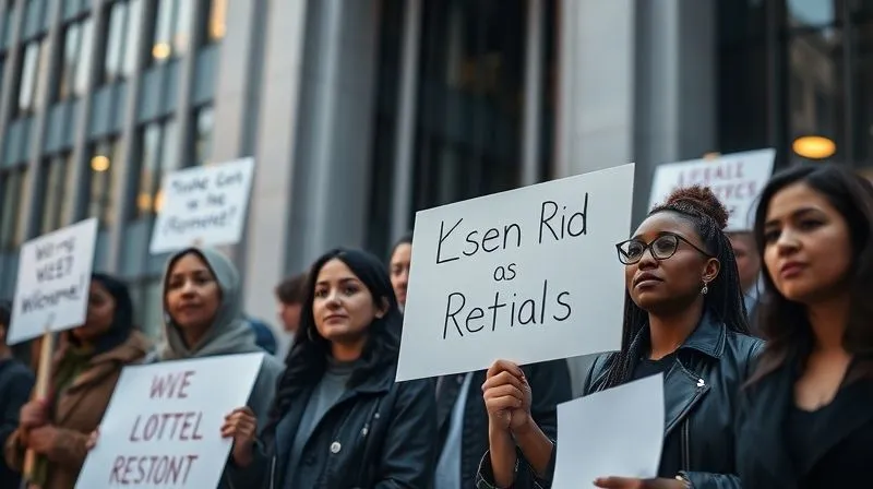 A photorealistic, professional photography image of a diverse group of activists, some holding subtle, non-textual protest signs, gathered outside a corporate building. The mood is determined but peaceful, with cinematic lighting highlighting their faces and the architectural details. Sharp focus on the activists, with a shallow depth of field blurring the building. 8K hyper-detailed, shot on a high-end DSLR.