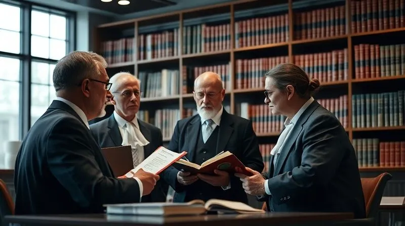 A photorealistic, professional photography image of a diverse group of legal professionals, perhaps judges and lawyers, engaged in a discussion in a modern, well-lit library or legal chamber. The atmosphere is one of intellectual pursuit and collaboration, with cinematic lighting emphasizing depth and detail. Sharp focus on the individuals, with a shallow depth of field blurring the background of books and legal texts. 8K hyper-detailed, shot on a high-end DSLR.