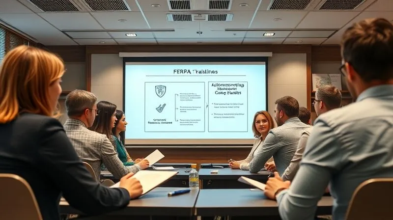 A diverse group of university administrators and staff engaged in a professional training session, looking attentive and taking notes. A projector screen shows a clear diagram of FERPA guidelines and communication protocols. Photorealistic, professional photography, 8K, cinematic lighting, sharp focus, depth of field, shot on a high-end DSLR.