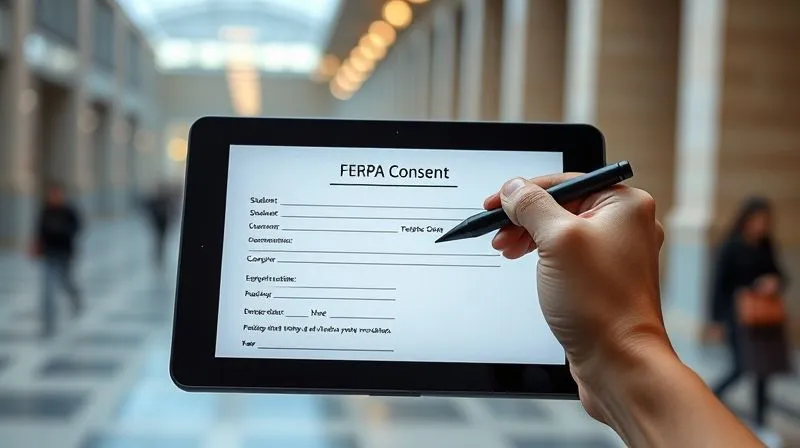 A digital tablet displaying a clean, user-friendly FERPA consent form with fields for student signature and specific disclosure permissions. A hand is holding a stylus, poised to sign. The background is a modern university setting, slightly blurred, suggesting integration with campus life. Photorealistic, professional photography, 8K, cinematic lighting, sharp focus, depth of field, shot on a high-end DSLR.