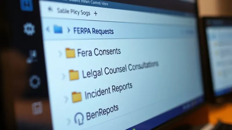A close-up of a neatly organized, digital file system on a computer screen, showing folders labeled 'FERPA Requests', 'Student Consents', 'Legal Counsel Consultations', and 'Incident Reports'. The interface is clean and professional, suggesting efficient and secure record-keeping practices. Photorealistic, professional photography, 8K, cinematic lighting, sharp focus, depth of field, shot on a high-end DSLR.