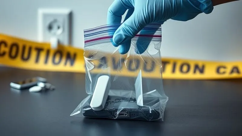 photorealistic, professional photography, 8K, cinematic lighting, sharp focus, depth of field, shot on a high-end DSLR. A gloved hand carefully placing a damaged, smoking electronic device into a clear, sealed evidence bag on a clean, dark surface, with blurred background showing caution tape and a broken wall socket.