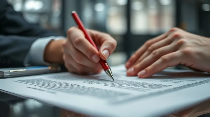 photorealistic, professional photography, 8K, cinematic lighting, sharp focus, depth of field, shot on a high-end DSLR. A close-up of a legal contract being meticulously reviewed by a pair of hands, with a red pen poised over a clause. The background is a blurred, modern office setting, conveying intense scrutiny and professional diligence.