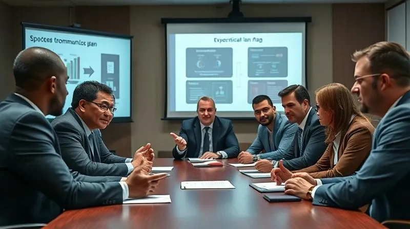 photorealistic, professional photography, 8K, cinematic lighting, sharp focus, depth of field, shot on a high-end DSLR. A diverse team of professional sports agents and legal advisors gathered around a conference table, looking focused and determined. One person is speaking, gesturing towards a projection screen displaying a strategic communication plan. The atmosphere is serious but collaborative, conveying a unified response to a challenge.