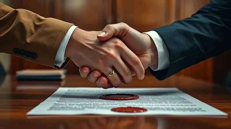 photorealistic, professional photography, 8K, cinematic lighting, sharp focus, depth of field, shot on a high-end DSLR. A close-up of two hands firmly shaking over a meticulously drafted legal document with a prominent wax seal. The background is a blurred, oak-paneled law office, symbolizing trust, agreement, and legal security. The lighting is strong and directional, highlighting the handshake.