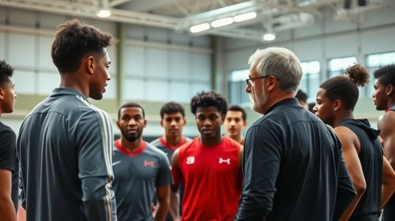 photorealistic, professional photography, 8K, cinematic lighting, sharp focus, depth of field, shot on a high-end DSLR. A diverse group of young athletes and their agents in a huddle, listening intently to a seasoned, wise-looking sports agent who is speaking with an encouraging demeanor. The background is a modern, well-lit training facility, symbolizing growth, mentorship, and collective strategy. The atmosphere is one of trust and shared ambition.