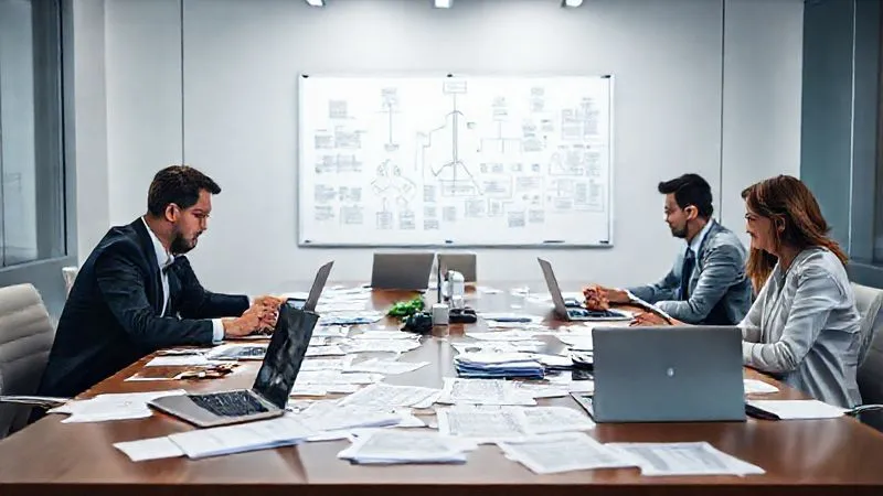 A photorealistic image of a legal team in a modern conference room, intensely focused on documents scattered across a large table, with laptops open and a whiteboard showing complex legal flowcharts. The lighting is bright and professional, conveying urgency and strategic planning, sharp focus on the team, depth of field, 8K hyper-detailed, professional photography.