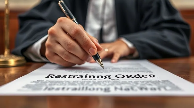 A photorealistic, professional photography image of a judge's hand holding a pen, signing a legal document that reads 'Restraining Order' or 'Injunction', with a blurred background of a court setting. The lighting is authoritative and sharp, emphasizing the seriousness of the legal action, 8K hyper-detailed, depth of field.