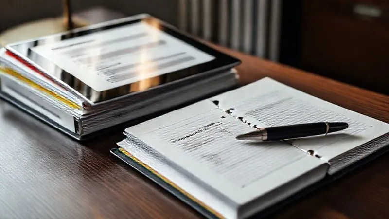 A highly organized legal professional's desk with a neatly stacked binder labeled 'Administrative Appeal,' open with color-coded tabs for different sections like 'Initial Submission,' 'Correspondence,' and 'Evidence.' There's a digital tablet displaying an email log and a pen poised over a physical notebook, emphasizing meticulous documentation. photorealistic, professional photography, 8K, cinematic lighting, sharp focus, depth of field, shot on a high-end DSLR.