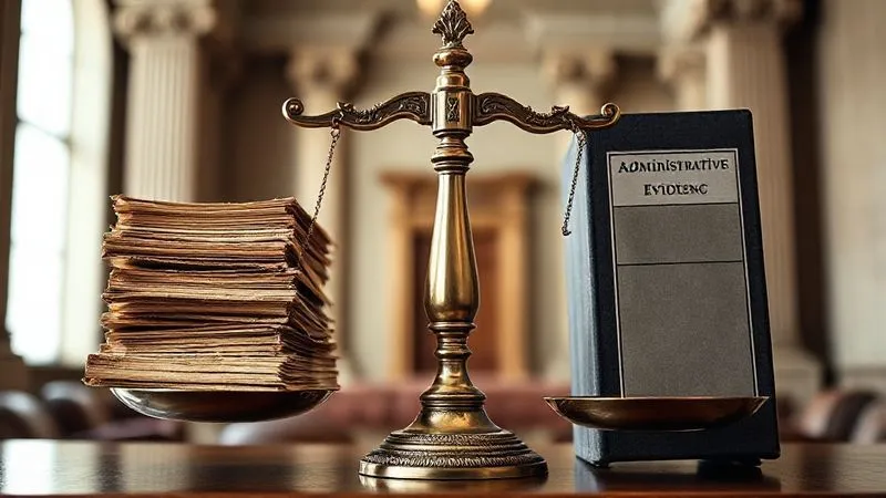 A highly stylized image of classic bronze scales of justice, perfectly balanced, with a stack of old, worn legal briefs on one side and a single, heavy, meticulously organized binder titled 'Administrative Appeal Evidence' on the other. The background is a blurred, imposing courthouse interior, with cinematic lighting highlighting the scales and documents. photorealistic, professional photography, 8K, cinematic lighting, sharp focus, depth of field, shot on a high-end DSLR.