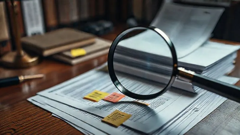 A photorealistic close-up of a magnifying glass held over a dense stack of legal documents, with specific highlighted sections and sticky notes indicating discrepancies or missing information. The scene is set on a polished wooden desk in a dimly lit, serious study, cinematic lighting, sharp focus on the magnifying glass and documents, depth of field. Professional photography, 8K, shot on a high-end DSLR.