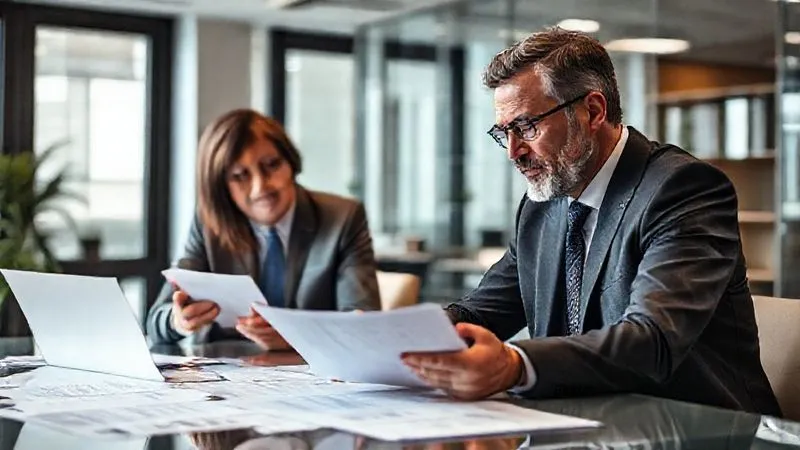A photorealistic, professional image depicting a focused legal professional, possibly a lawyer, in a modern, well-lit office, actively listening to a client who is explaining a complex issue with documents spread on the table. The lawyer has a thoughtful, empathetic expression, perhaps making notes. Cinematic lighting, sharp focus on the faces, depth of field. Professional photography, 8K, shot on a high-end DSLR.