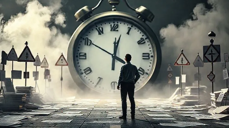 A photorealistic image of a lone figure standing at a crossroads of legal documents and signs, looking overwhelmed and confused, with a large, imposing clock in the background indicating urgency. The path ahead is obscured by mist, symbolizing uncertainty. Cinematic lighting, sharp focus on the figure and documents, depth of field. Professional photography, 8K, shot on a high-end DSLR.